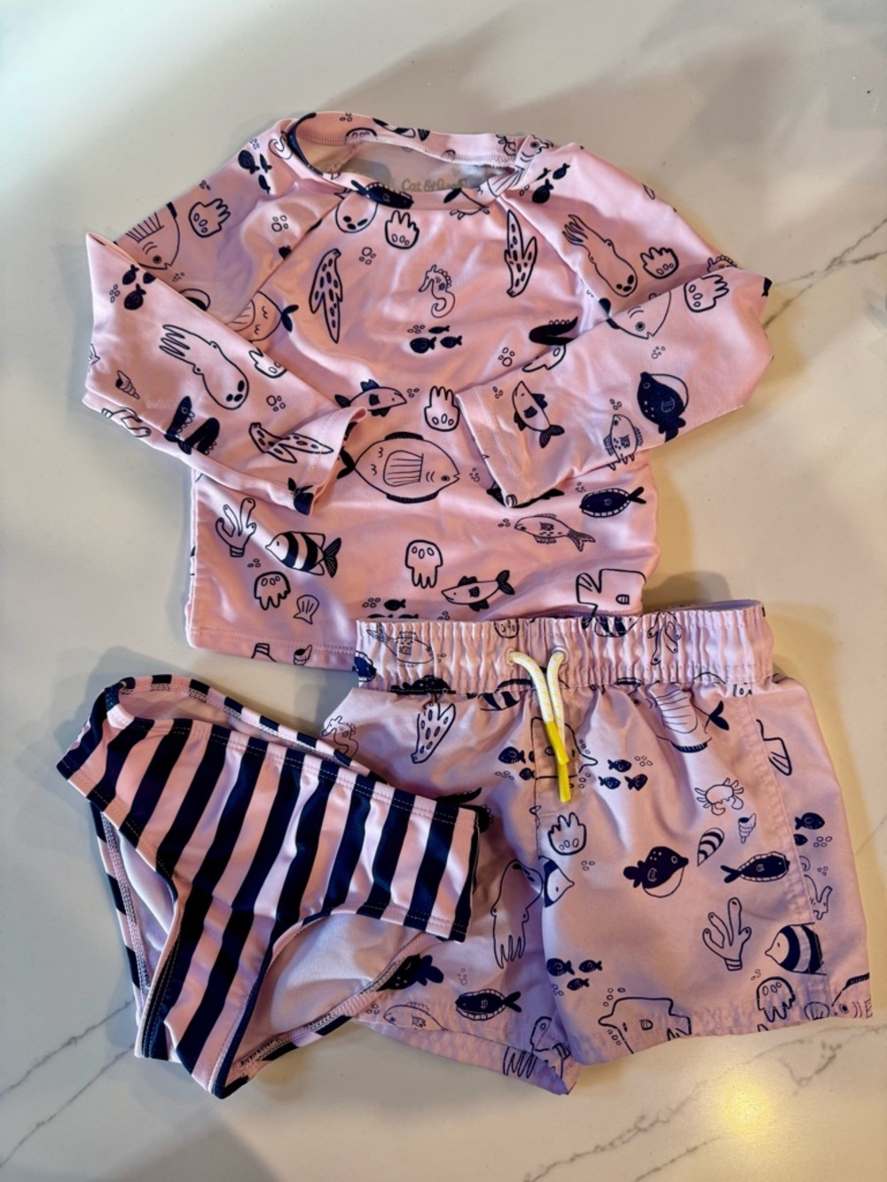 Cat & Jack Pink Ocean Print Rash Guard Swim Set with Striped Bottoms